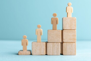 Company hierarchical organizational chart of wooden cubes on blue background. Human resources management and business concept