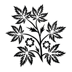 Black Silhouette Tree Branch with Pointed Leaves and Flowers on White Background