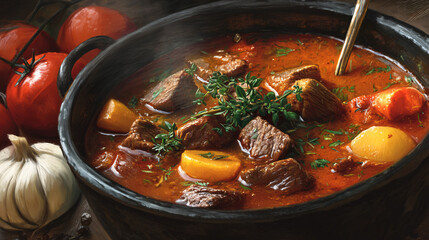 Classic Hungarian goulash: a hearty beef stew seasoned with paprika.  