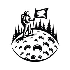 Monochrome Astronaut Planting Flag on Moon with Craters and Silhouette of Trees Art