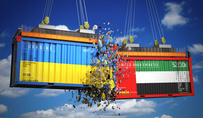 Cargo containers with flags of Ukraine and United Arab Emirates - 3D illustration