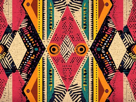 Colorful diamond-shaped textile pattern, incorporating symmetrical design elements and a vibrant mix of colors and textures, evoking a handcrafted aesthetic.