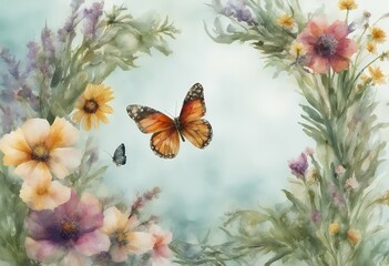 wild meadow watercolour frame herbs border wreath flowers butterflies drawing blooming soulful painted circle herbal crown herb botanical flora summer watercolor graphic ring floral aquarelle chaplet