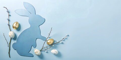 A serene Easter bunny silhouette surrounded by delicate willow branches and golden speckled eggs on a pastel blue background.