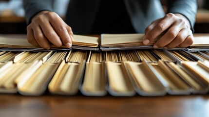 Fototapeta premium Hands carefully handling books among a vast collection