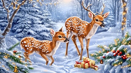 Cute Deer Family Christmas Winter Snow Scene