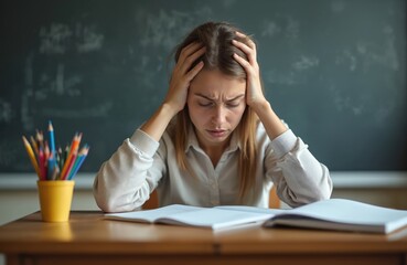 Stressed teacher, professor, student with hands on head at desk. Exhausted woman overwhelmed by difficult job, studying, teaching. Education crisis, emotional burnout, fatigue. Mental health concept.