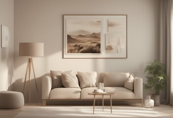 home interior poster room render living beige mock 3d tones background frame scandinavian modern style neutral empty couch nature wooden wall window up floor mock-up cushion simple furniture colours