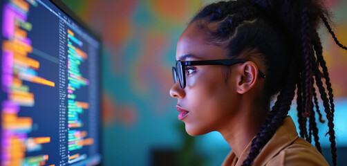 Young black woman developer wearing glasses focused on coding on computer screen. Smart programmer working on software development. Coding, programming concepts, STEM education.