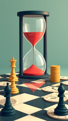 "A chessboard of clocks versus coins under giant hourglass with red sand, on alternating clock-dollar squares in muted tones."