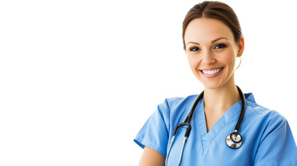 Dedicated female nurse in scrubs with stethoscope smiling hospital environment portrait compassionate healthcare professional