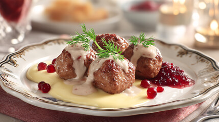 Classic Swedish meatballs served with lingonberry jam and a creamy sauce.  