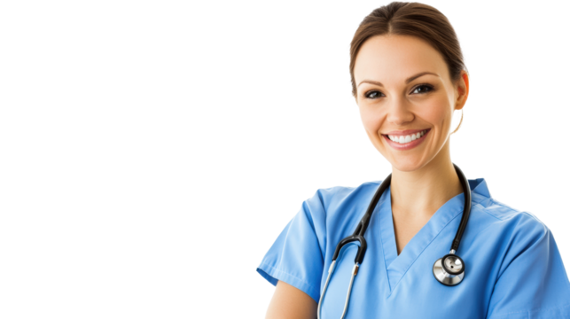 Dedicated female nurse in scrubs with stethoscope smiling hospital environment portrait compassionate healthcare professional
