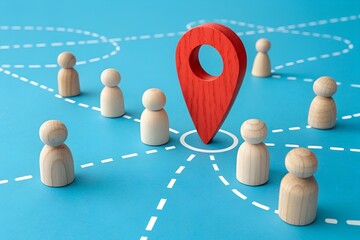 Location Connections: A network of miniature figures converging towards a prominent location marker, representing collaboration and global connections.