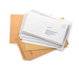 Stack of letters on white background