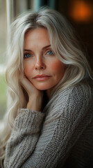 Fototapeta premium A mature woman with long platinum blonde hair and blue eyes rests her chin on her hand looking directly at the camera wea a beige knitted sweater.