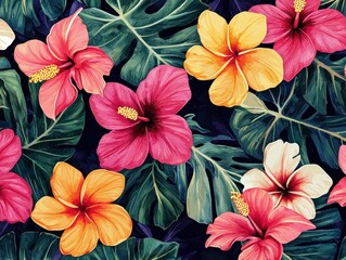 Lush tropical hibiscus and monstera leaf pattern in vibrant pinks, yellows, and greens against a dark background. Summer bloom design.