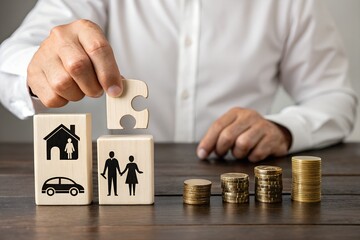 Building Financial Foundations: A person's hands carefully place the final piece of a puzzle, symbolizing the completion of a financial plan with coins and block elements representing home, family.