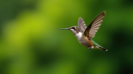 Naklejka premium Graceful hummingbird in mid-flight against blurred green backdrop
