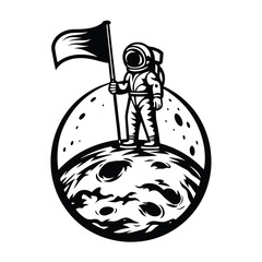 Astronaut Silhouette Standing on Moon Holding Flag, Lunar Surface, Black and White