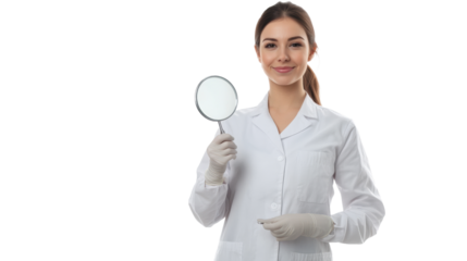 Friendly female dentist smiling with dental mirror in bright clinic professional portrait clean environment trustworthy care