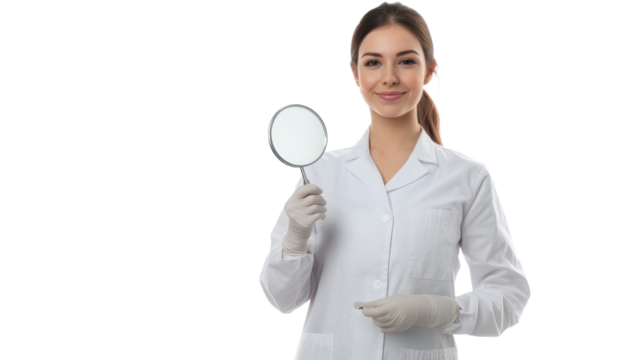 Friendly female dentist smiling with dental mirror in bright clinic professional portrait clean environment trustworthy care