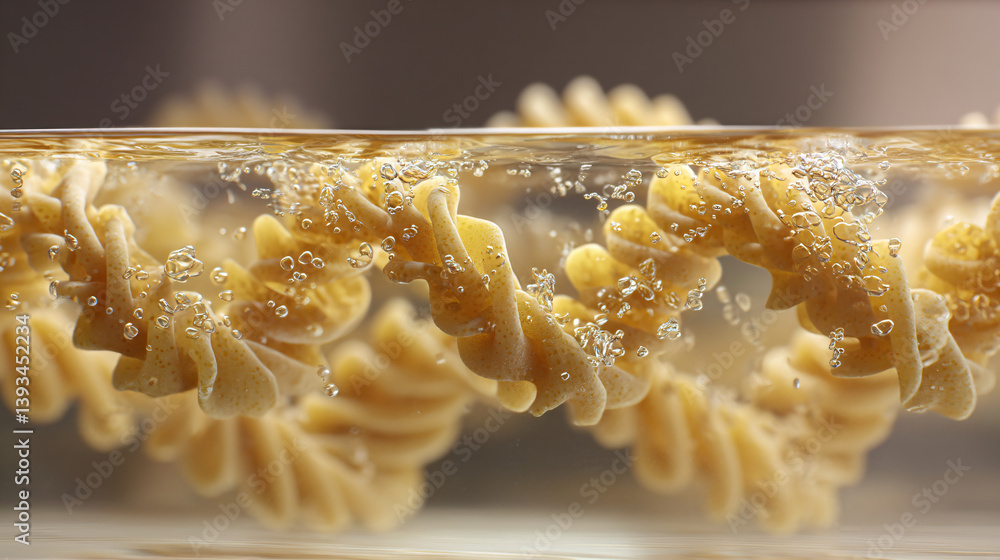 Poster cooked macaroni noodles briefly arrange themselves into a shape resembling the double helix structur