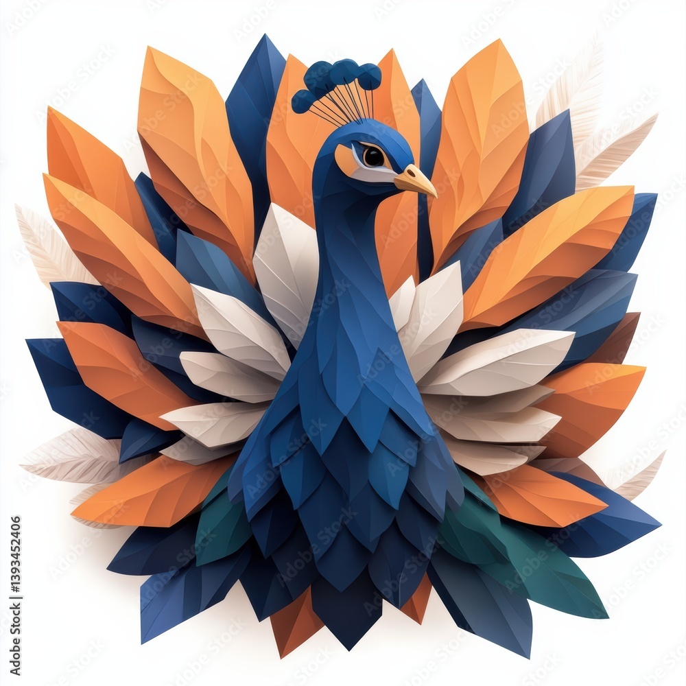 Poster elegant peacock design showcases vibrant geometric patterns in a minimal style