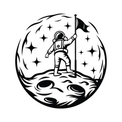 Black and White Astronaut Planting Flag on Moon, Cratered Surface, Starry Background