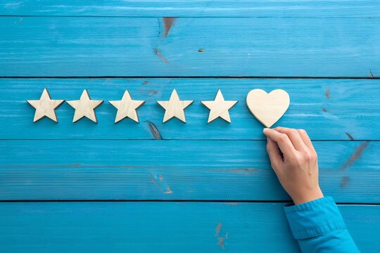 Customer Service Excellence: A person's hand delicately places a heart next to a row of five stars on a vibrant blue surface, symbolizing exceptional service and satisfaction.