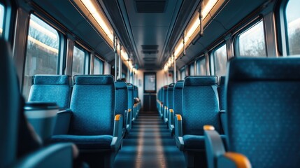 An interior view of a luxurious high-speed train carriage, featuring comfortable seating and large windows, inviting passengers to enjoy the journey.