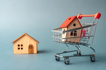 Home Shopping: A miniature house sits in a shopping cart, symbolizing a purchase, and a second one stands close, set against a soft blue background representing choices.
