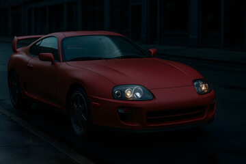 Realistic Matte Red 1993-Inspired Japanese Sports Car on a City Street at Dusk