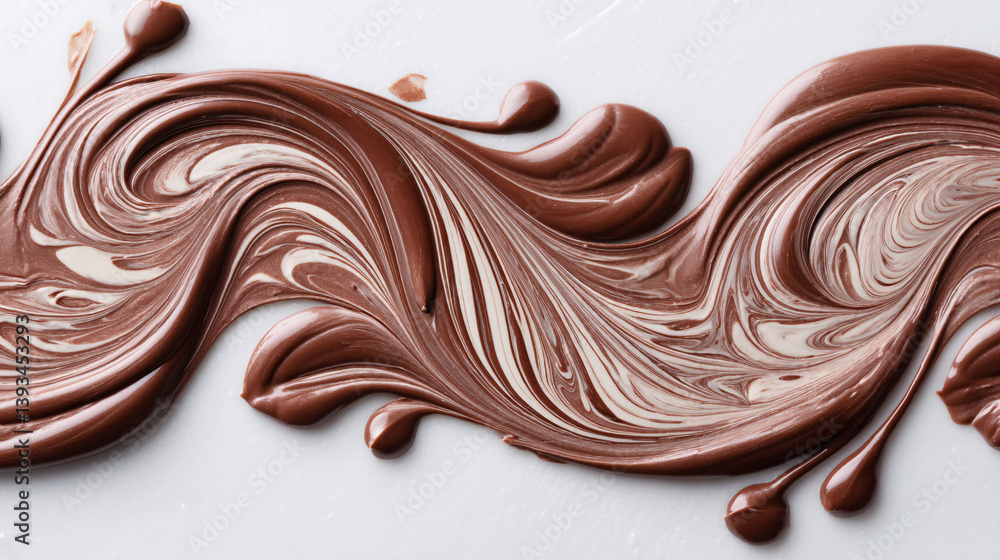 Poster creating swirling patterns on chocolate through a specialized confectionery process, shown against a