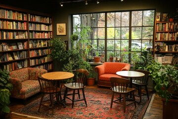 Naklejka premium Cozy bookstore interior with comfortable seating areas, bookshelves, and plants
