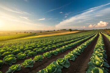 Fields of Abundance: An expansive view of thriving rows of crops stretching towards the horizon under a vibrant sky, capturing the essence of agricultural productivity and natural beauty.