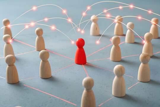 Networked Leadership: Symbolic representation of leadership in action, illustrating a red figure connected within a network of colleagues and associates. The network effect symbolizing connection