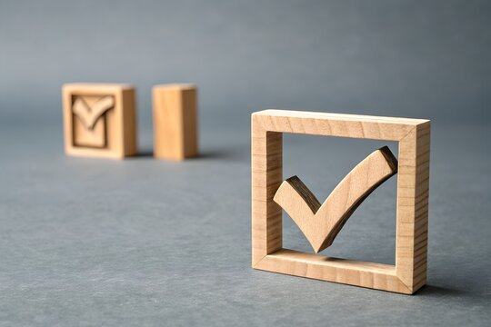 Wooden Checkmark Symbol in a Square: Captures the essence of choices and decisions with a wooden checkmark symbol in a square. Signifies approval, validation and decision-making.