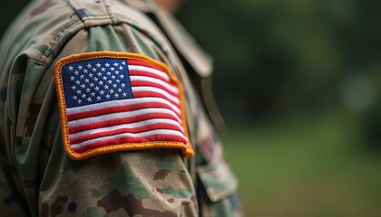 Close-up of U. S. military uniform with American flag patch. Soldier detail, national emblem. Represents patriotism, honor, commitment. Blurred background. Symbol of nation pride, service to country.
