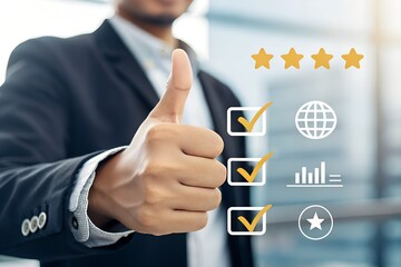 Quality Approval: A close-up shot highlights a person in a suit giving a thumbs-up, a symbol of approval and satisfaction in the business realm, complemented by digital checkmarks and star ratings.
