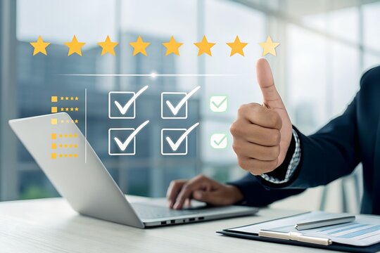 Exceeding Expectations: Close-up of hands giving thumbs up, stars ratings with checkmarks on digital laptop screen. Symbolizing a positive customer experience, satisfaction survey.