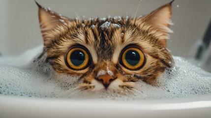 A close-up of a cat's face with wide eyes, surrounded by sudsy water, expressing both surprise and curiosity during its first bath experience, capturing the humorous side of cat grooming.