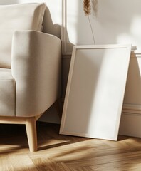 Beige couch, blank frame, sunlight