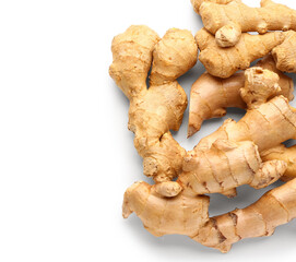 Fresh ginger roots on white background