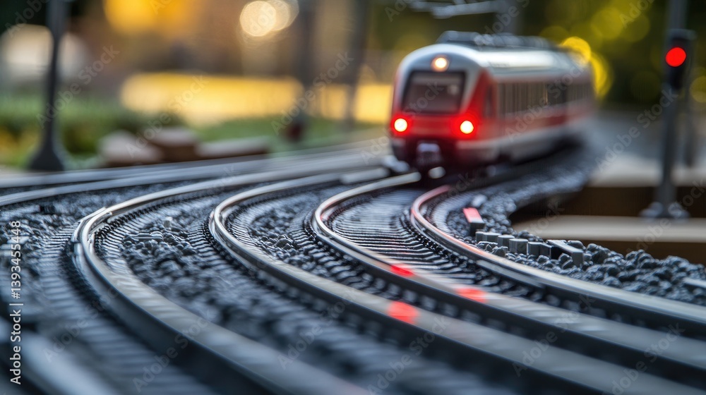 Poster a close-up of the electric train's tracks with the train approaching in the background, focusing on 