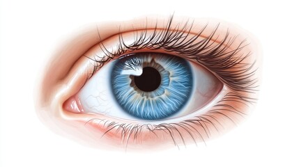 A close-up view of the human eye, showing the iris, cornea, and pupil, with high detail and a white or neutral background for clarity.