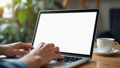 Close-up of male hands typing on laptop keyboard. Blank white screen for mockup design or text. Cup of coffee, indoor. Business, office, work concept.