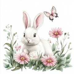 Obraz premium Charming watercolor illustration of a cute white bunny sitting among pink daisy flowers and green foliage, with a delicate butterfly fluttering nearby in a spring garden scene.