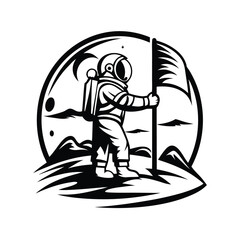 Monochrome Astronaut Holding Blank Flag on Lunar Surface Landscape