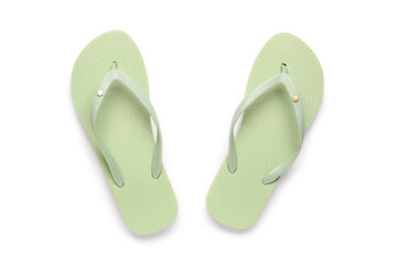 Green female flip flops on white background